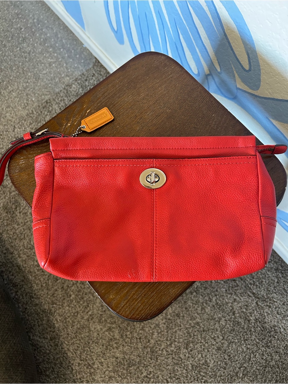 Classic Coach Park Vermillion Red Pebbled Leather Turnlock Large Wristlet Clutch